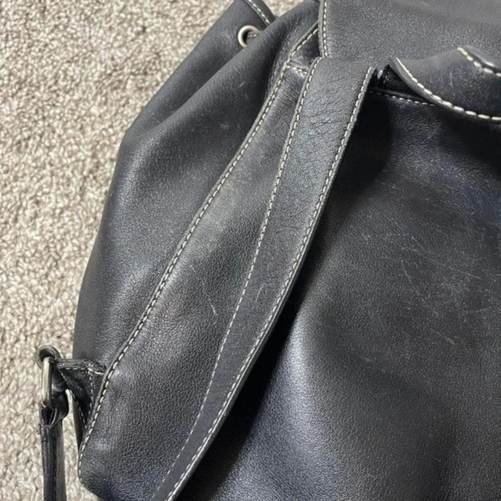 Coach 9569 Vintage Black Leather Drawstring Closure Backpack With Buckle Detail